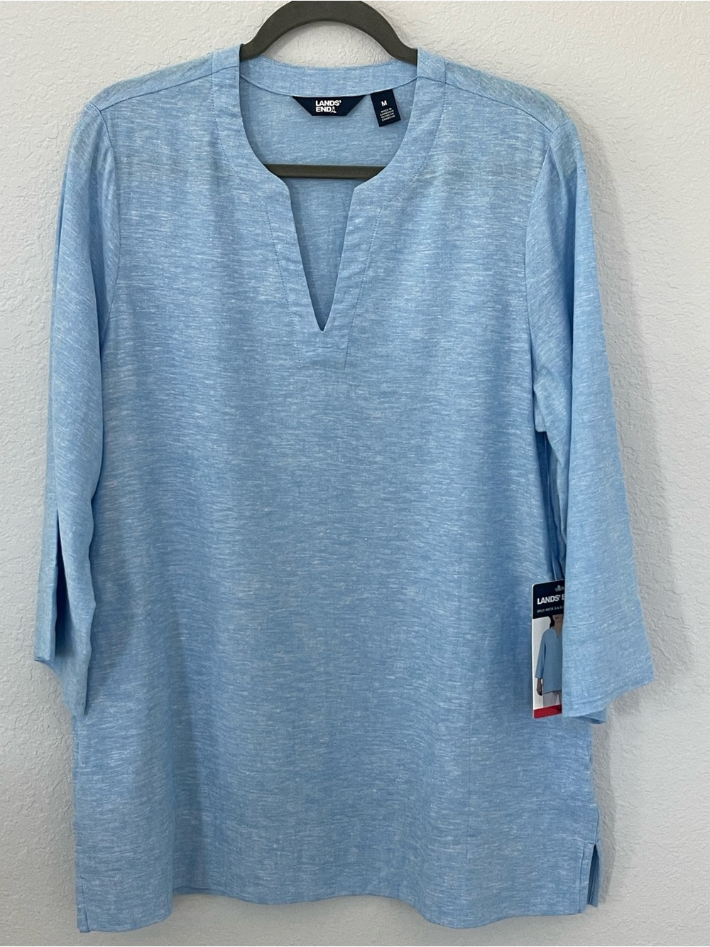 Lands’ End Split Neck 3/4 Sleeve Linen Blend Tunic Blue M NWT